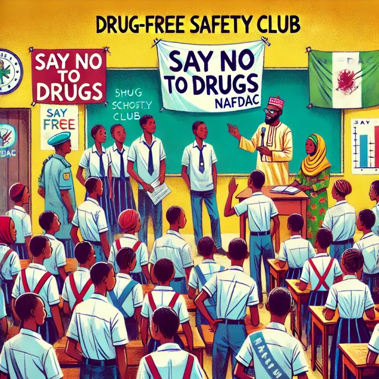 An illustrative image of a 'Drug-Free Safety Club' in a Nigerian school