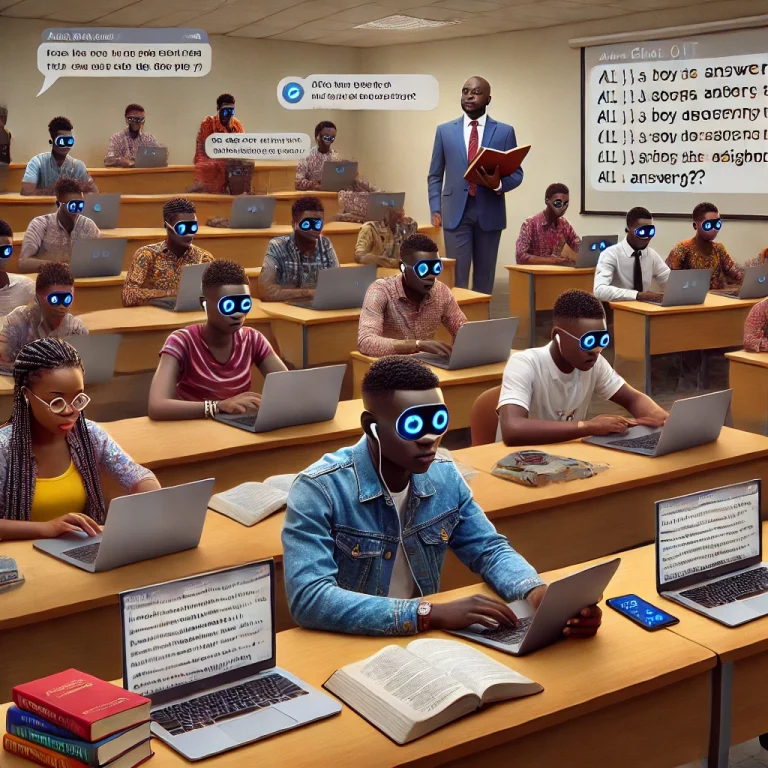Illustrative image of Nigerian students using AI to generate answers in a classroom setting